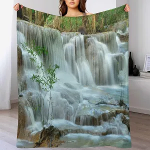 Nature Forest Landscape Throw Blanket Waterfall Bamboo Japanese Style Garden Jungle Stream Blanket for Sofa Bed Couch Chair Or Dorm 50"x60"