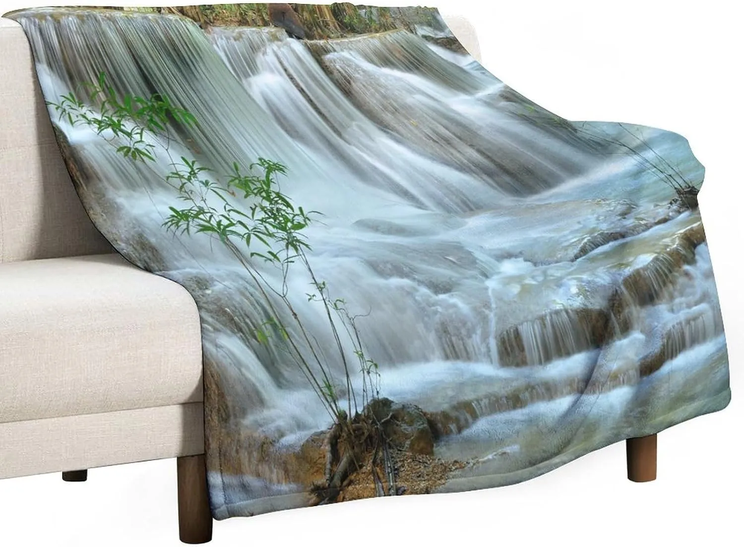 Nature Forest Landscape Throw Blanket Waterfall Bamboo Japanese Style Garden Jungle Stream Blanket for Sofa Bed Couch Chair Or Dorm 50"x60"