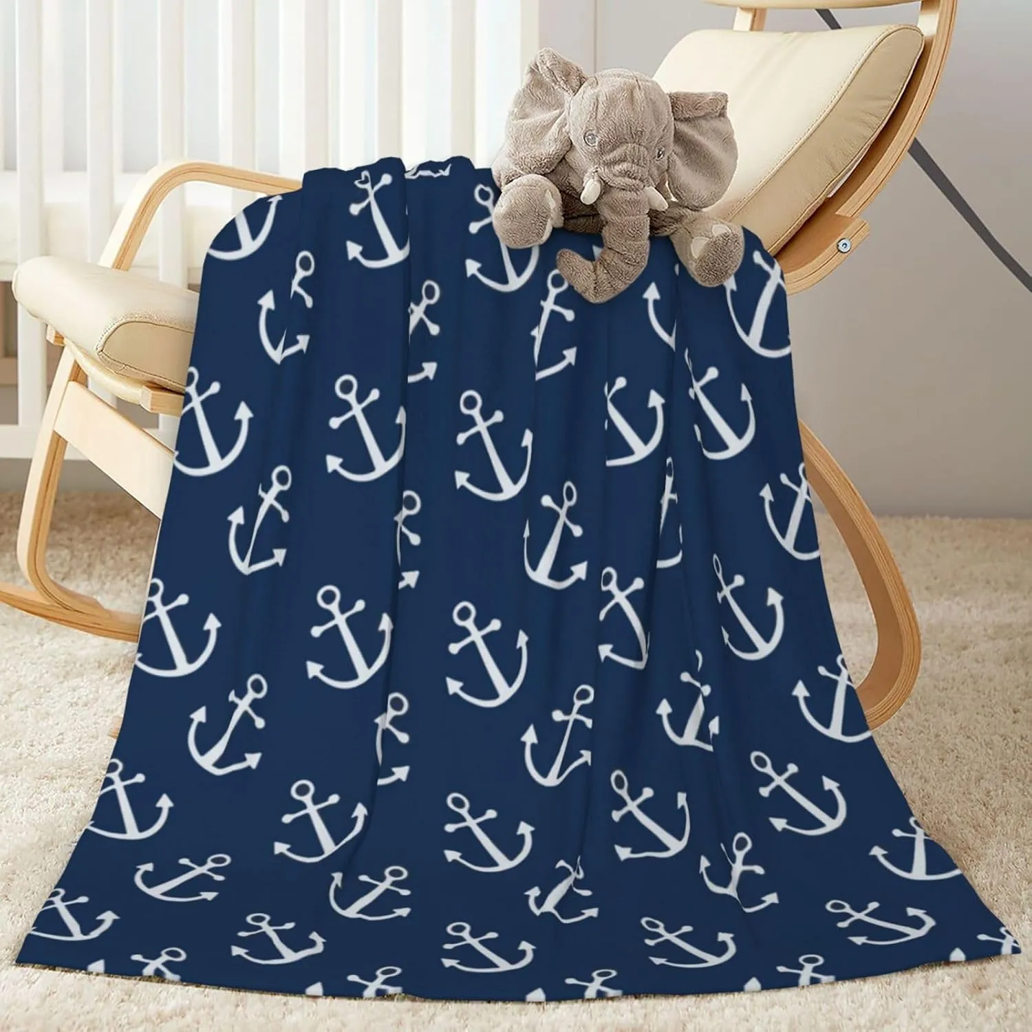 Nautical Anchor Navy Blue Bed Blanket Ultra Soft Throw Blanket All Season Warm Light Weight Cozy Plush Blankets for Home Bedroom Sofa Chair Travel, 50"X40"