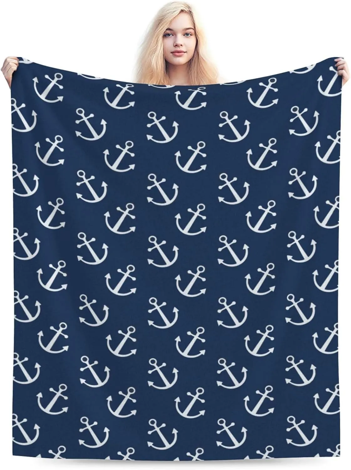 Nautical Anchor Navy Blue Bed Blanket Ultra Soft Throw Blanket All Season Warm Light Weight Cozy Plush Blankets for Home Bedroom Sofa Chair Travel, 50"X40"