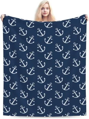 Nautical Anchor Navy Blue Bed Blanket Ultra Soft Throw Blanket All Season Warm Light Weight Cozy Plush Blankets for Home Bedroom Sofa Chair Travel, 50"X40"