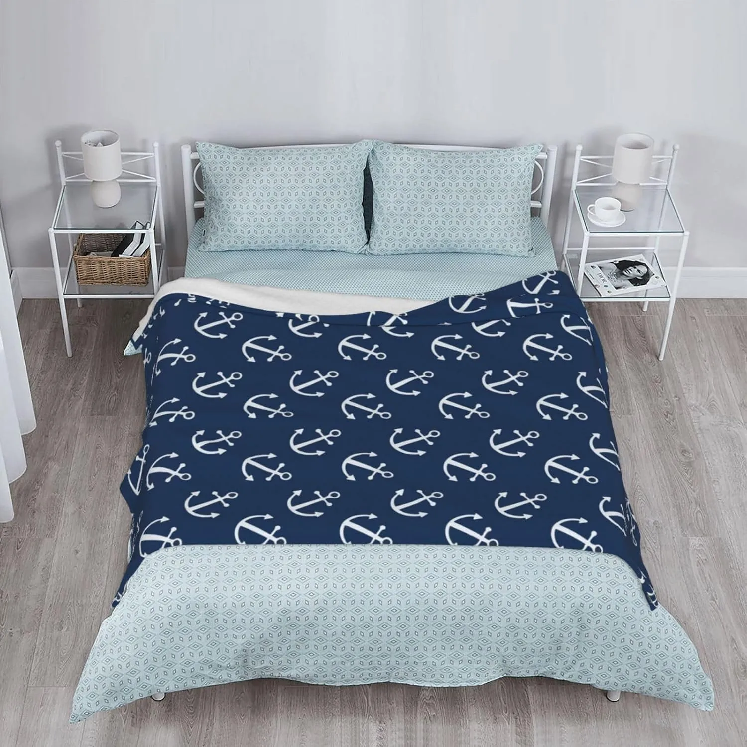 Nautical Anchor Navy Blue Bed Blanket Ultra Soft Throw Blanket All Season Warm Light Weight Cozy Plush Blankets for Home Bedroom Sofa Chair Travel, 50"X40"