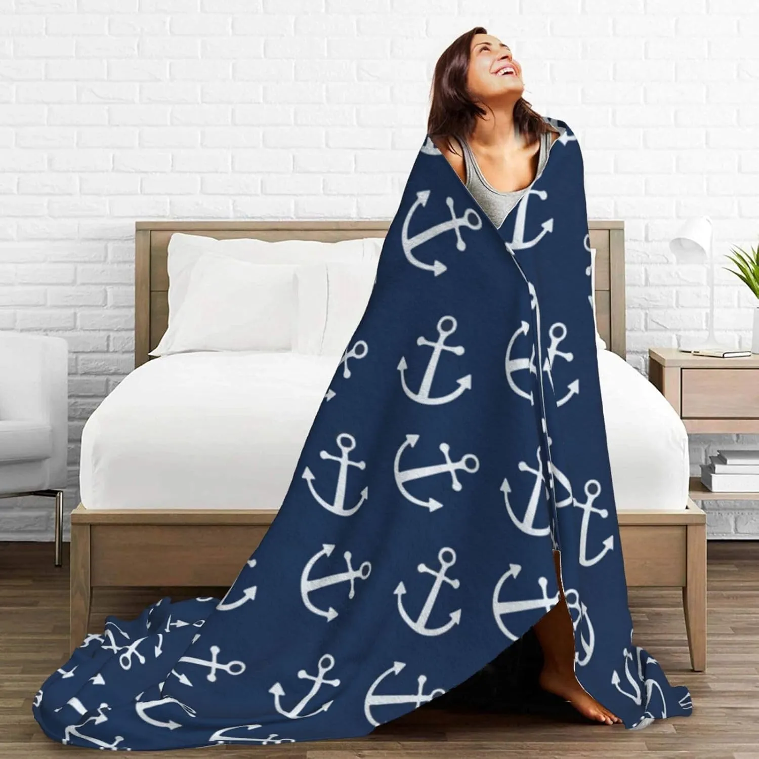 Nautical Anchor Navy Blue Bed Blanket Ultra Soft Throw Blanket All Season Warm Light Weight Cozy Plush Blankets for Home Bedroom Sofa Chair Travel, 50"X40"