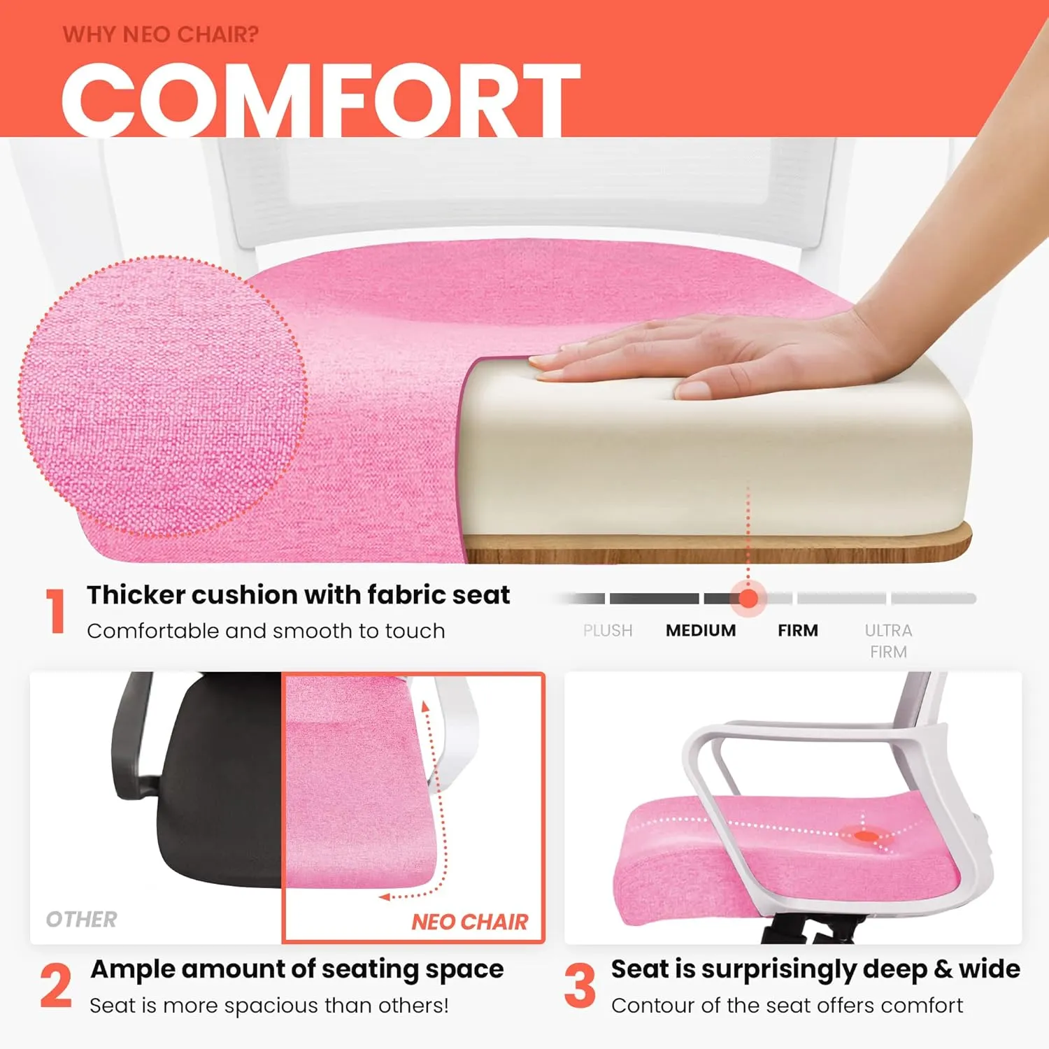NEO CHAIR Office Chair Gaming Desk Computer Chair Ergonomic Mesh Mid Back with Wheels Lumbar Support Comfy Swivel Adjustable for Home (Pink)