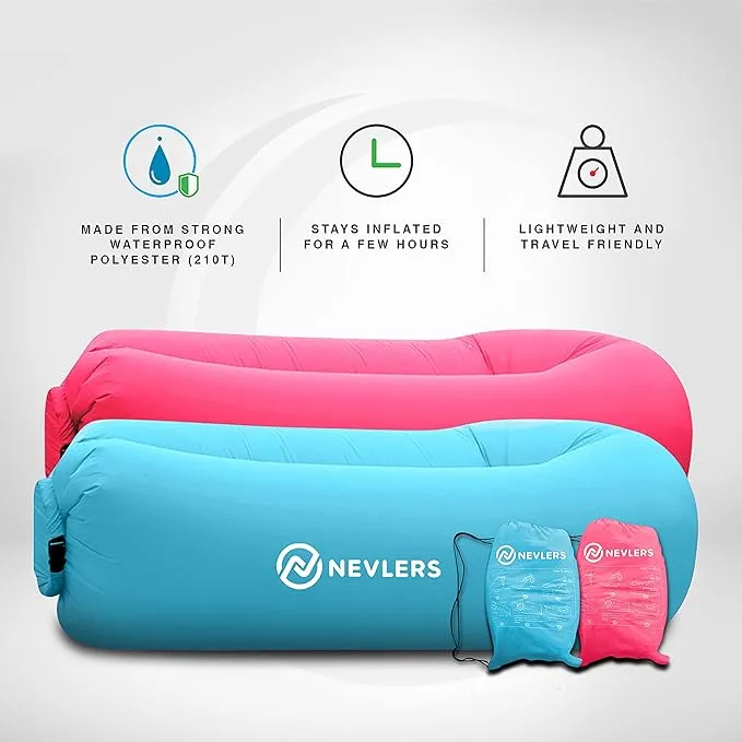 Nevlers 2 Pack Inflatable Loungers Air Sofa Couch | Perfect for Beach Chair Camping Chairs or Portable Hammock |Travel Bag Pouch, Pegs & 3 Pockets| Movie Seating & Camping Accessories Blow Up Lounger