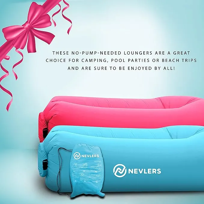 Nevlers 2 Pack Inflatable Loungers Air Sofa Couch | Perfect for Beach Chair Camping Chairs or Portable Hammock |Travel Bag Pouch, Pegs & 3 Pockets| Movie Seating & Camping Accessories Blow Up Lounger