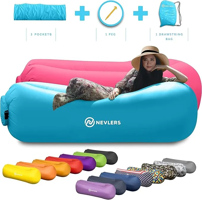 Nevlers 2 Pack Inflatable Loungers Air Sofa Couch | Perfect for Beach Chair Camping Chairs or Portable Hammock |Travel Bag Pouch, Pegs & 3 Pockets| Movie Seating & Camping Accessories Blow Up Lounger