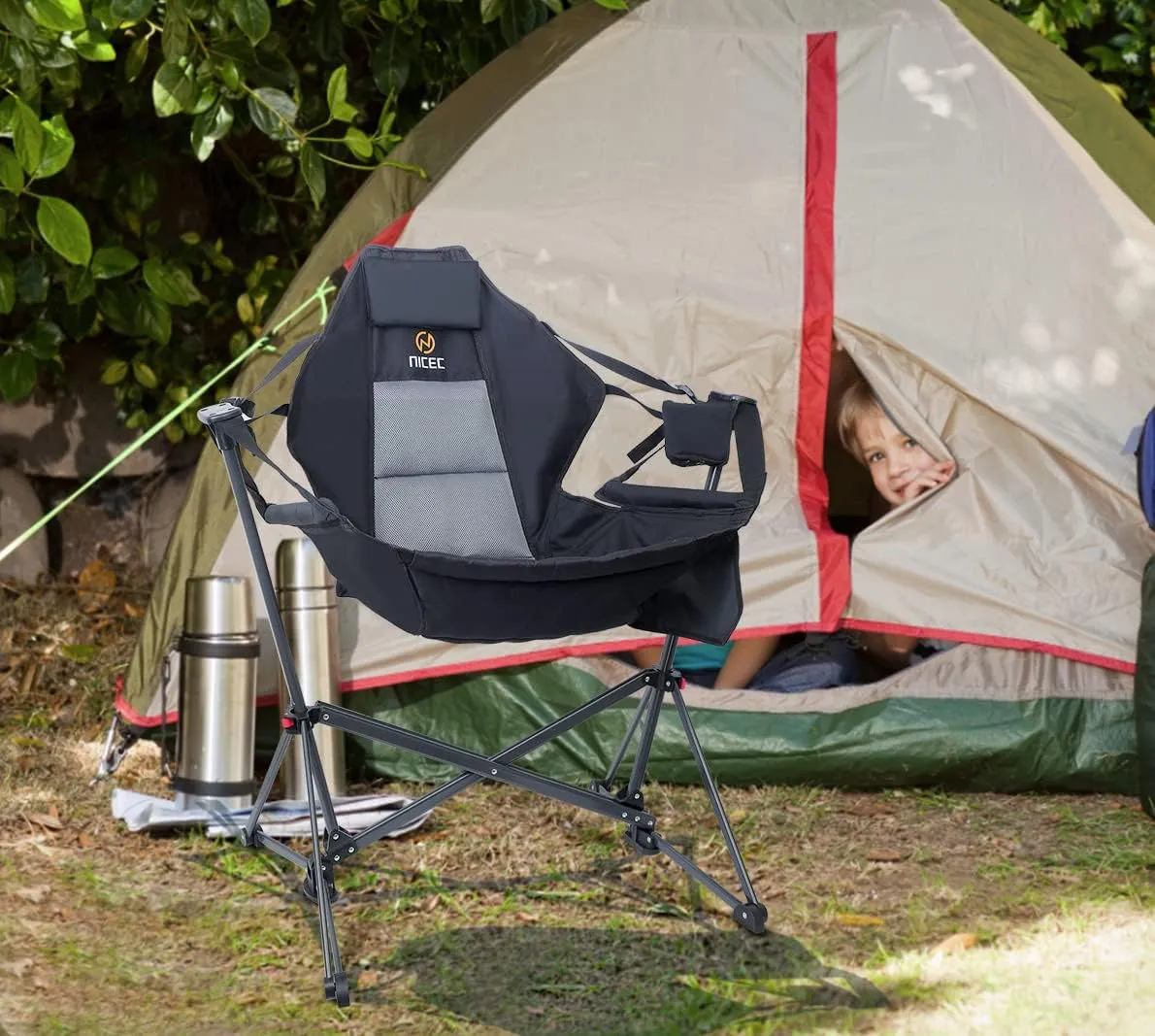 Nice C Hammock Camping Chair, Camping Chair Rocker, Swinging Chair, High Back with Stand, Cup Holder, Side Pocket, Heavy Duty (1-Pack)