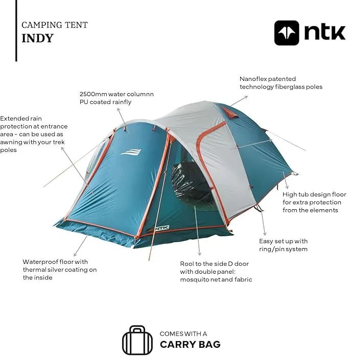 NTK Indy GT 4/6/8 Person Outdoor Tent for Camping | Camping Tent with Extended Front & Canopy| 100% Waterproof Dome & Breathable Mesh | 3 Season Tent | Easy Setup Tent