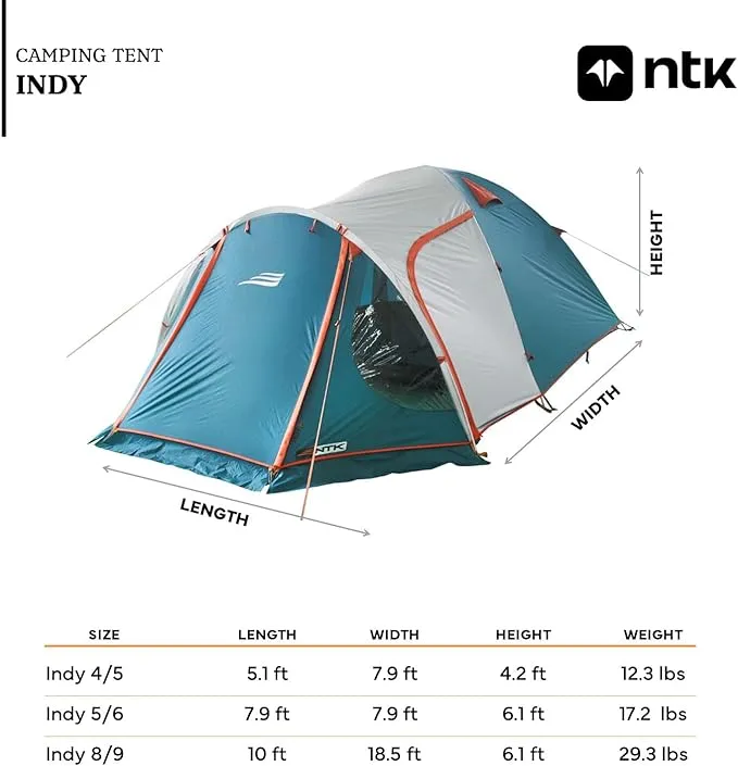 NTK Indy GT 4/6/8 Person Outdoor Tent for Camping | Camping Tent with Extended Front & Canopy| 100% Waterproof Dome & Breathable Mesh | 3 Season Tent | Easy Setup Tent