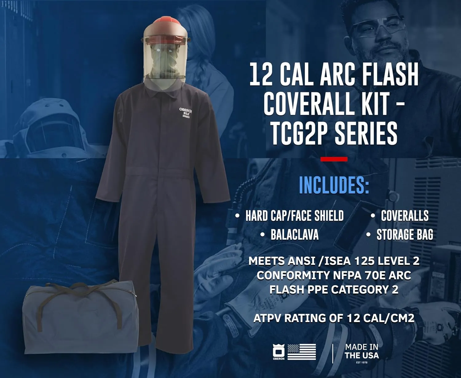 OBERON Arc Flash Coverall Kit - 12CAL - Includes Hard Cap, Face Shield, Balaclava, Coveralls and Storage Bag - TCG2P SERIES