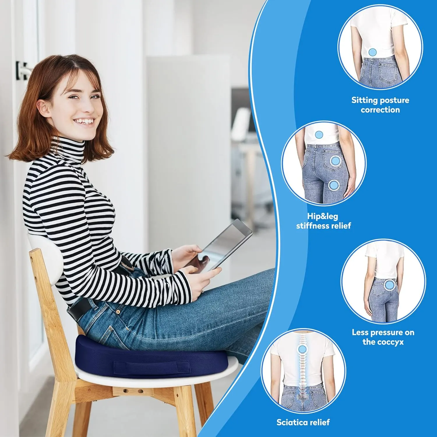 Office Chair Cushions, Memory Foam Coccyx Cushion for Tailbone Pain Office Chair Car Seat, Sciatica, Coccyx, Lower Back Pain Relief (Blue)