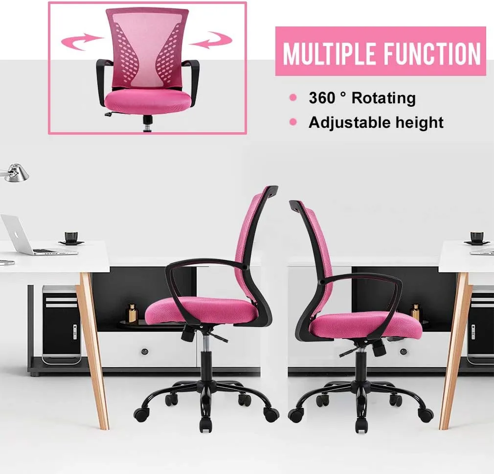 Office Chair Desk Chair Computer Chair with Lumbar Support Armrest Mid Back Rolling Swivel Task Adjustable Mesh Ergonomic Chair for Women Adults, Pink