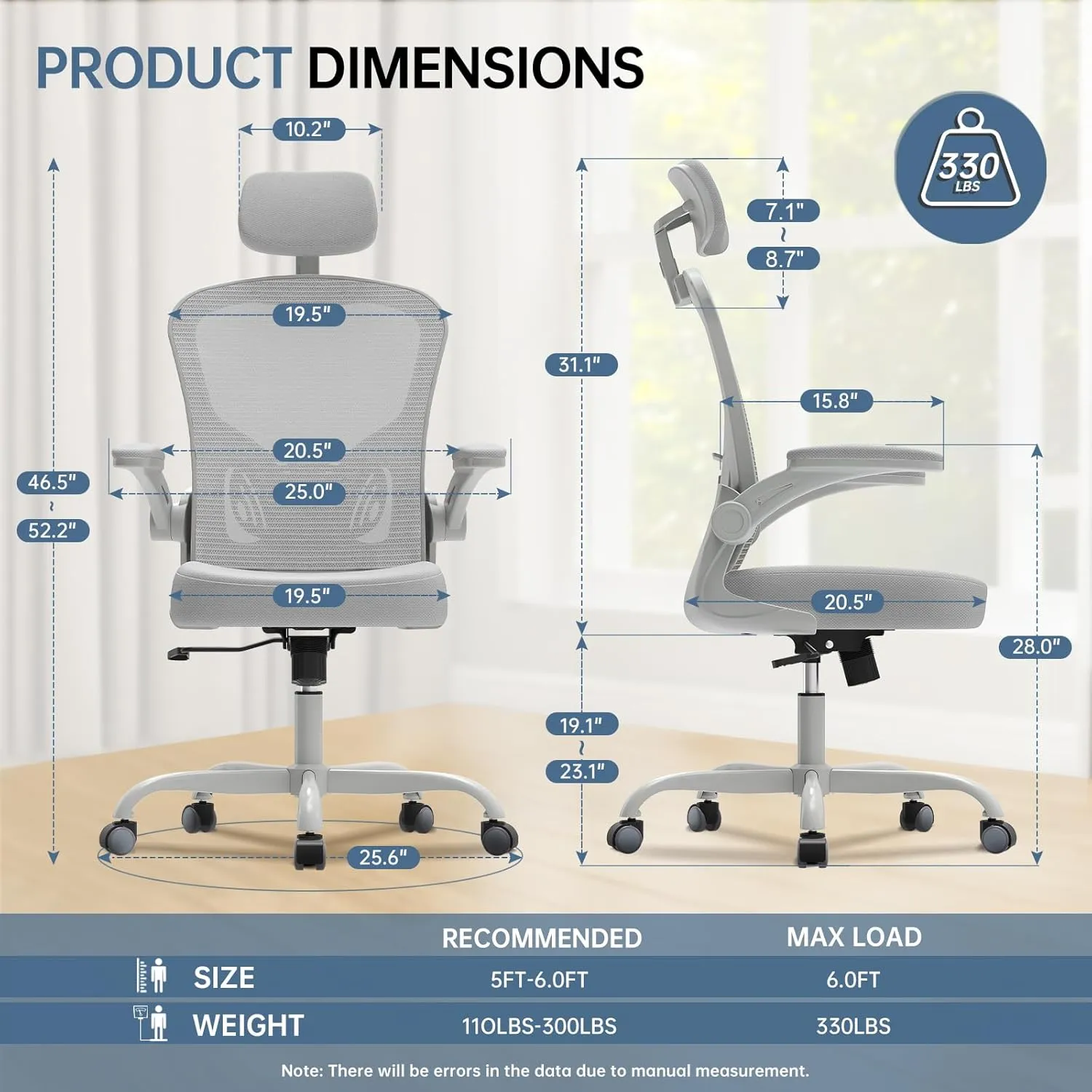 Office Chair Ergonomic Desk Chair, 330LBS Capacity, High Back Computer Chair for Long Hours Comfortable, Rolling Swivel Executive Task Chair for Home Office with Flip-up Armrests, Grey