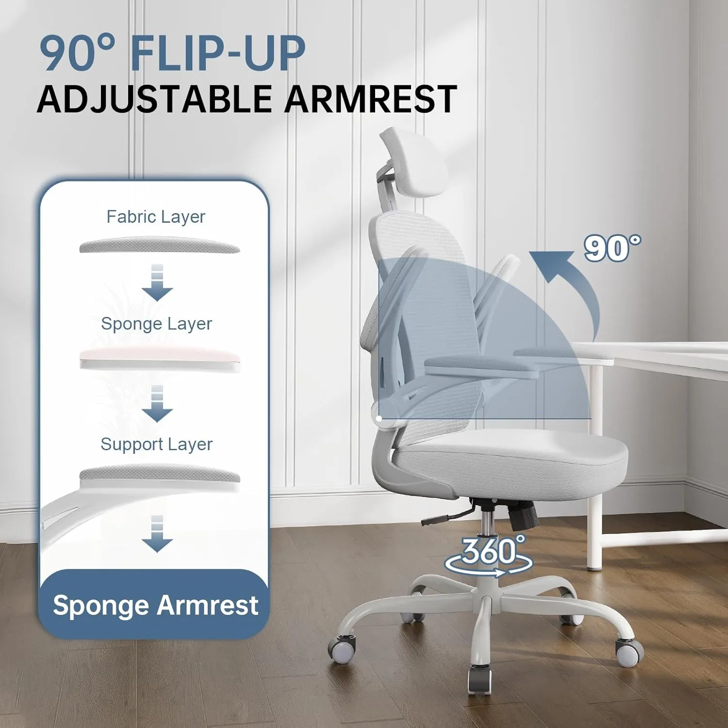 Office Chair Ergonomic Desk Chair, 330LBS Capacity, High Back Computer Chair for Long Hours Comfortable, Rolling Swivel Executive Task Chair for Home Office with Flip-up Armrests, Grey