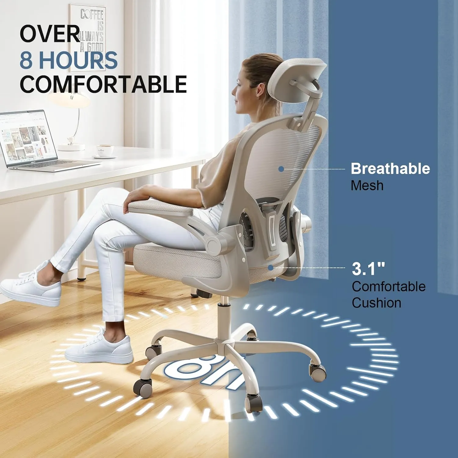 Office Chair Ergonomic Desk Chair, 330LBS Capacity, High Back Computer Chair for Long Hours Comfortable, Rolling Swivel Executive Task Chair for Home Office with Flip-up Armrests, Grey