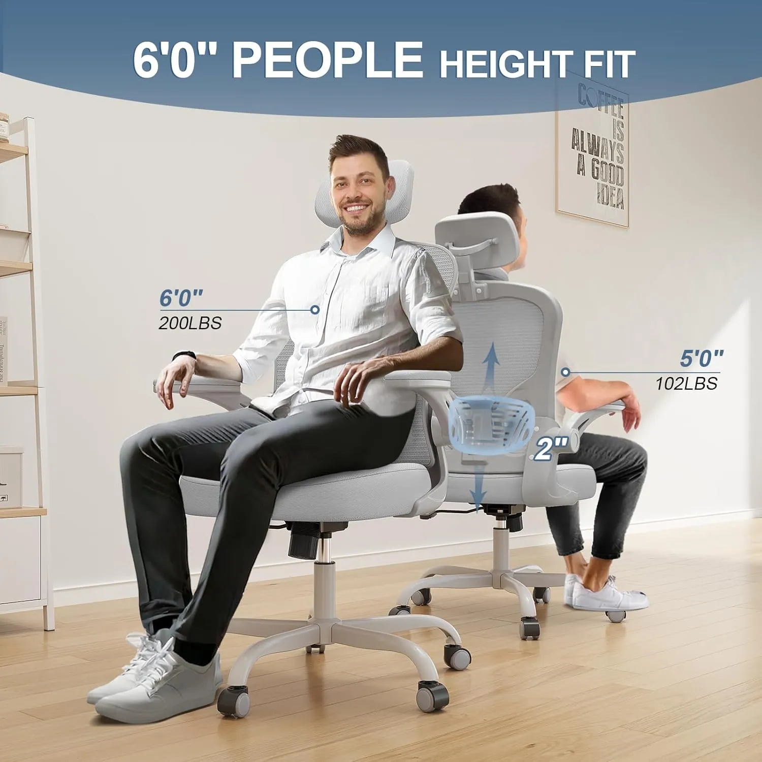 Office Chair Ergonomic Desk Chair, 330LBS Capacity, High Back Computer Chair for Long Hours Comfortable, Rolling Swivel Executive Task Chair for Home Office with Flip-up Armrests, Grey