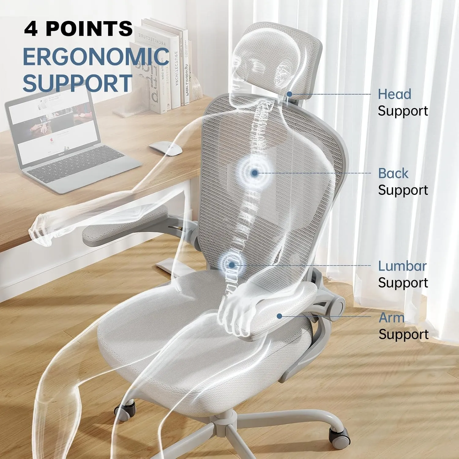 Office Chair Ergonomic Desk Chair, 330LBS Capacity, High Back Computer Chair for Long Hours Comfortable, Rolling Swivel Executive Task Chair for Home Office with Flip-up Armrests, Grey