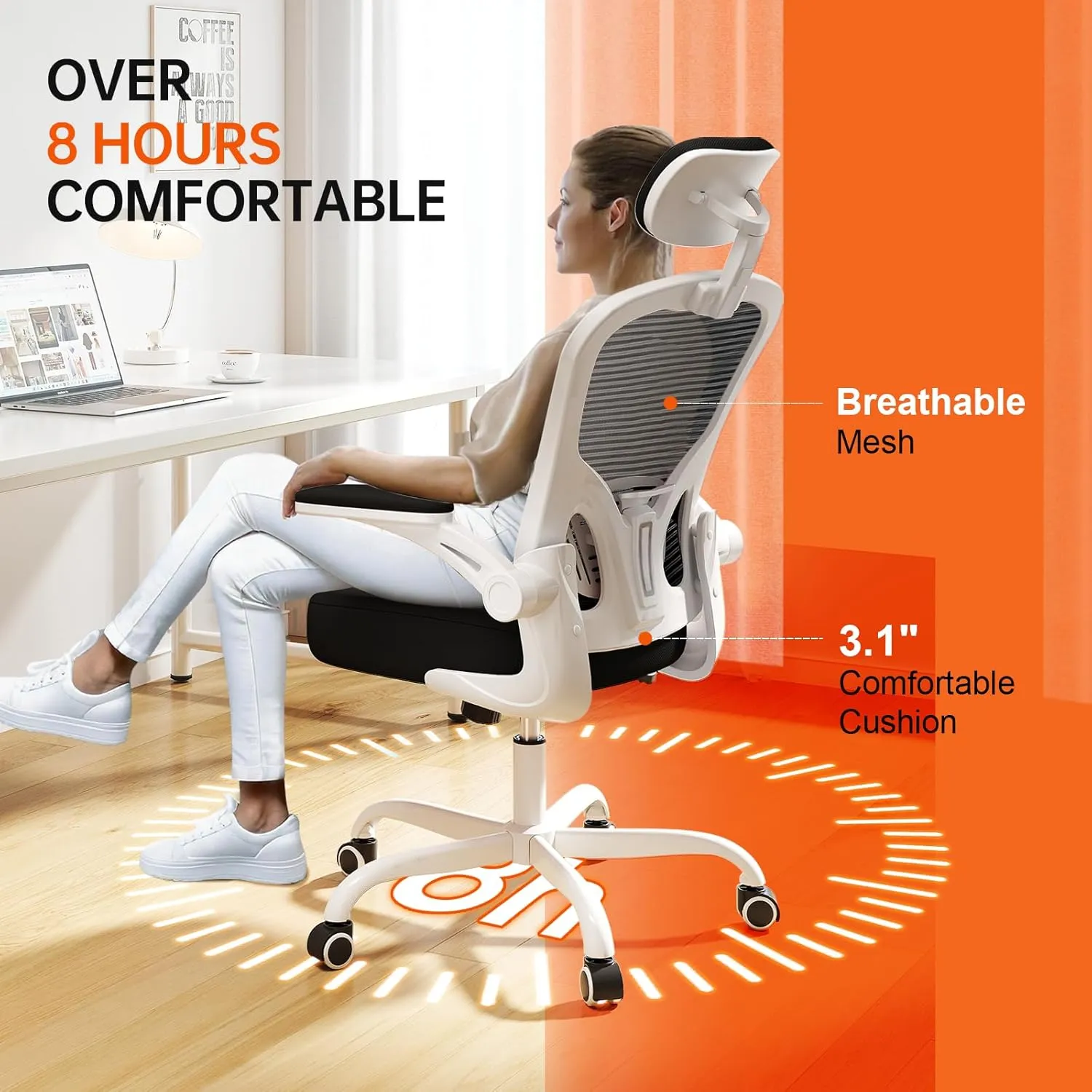 Office Chair Ergonomic Desk Chair, 330LBS Capacity, High Back Computer Chair for Long Hours Comfortable, Rolling Swivel Executive Task Chair for Home Office with Flip-up Armrests, White Black