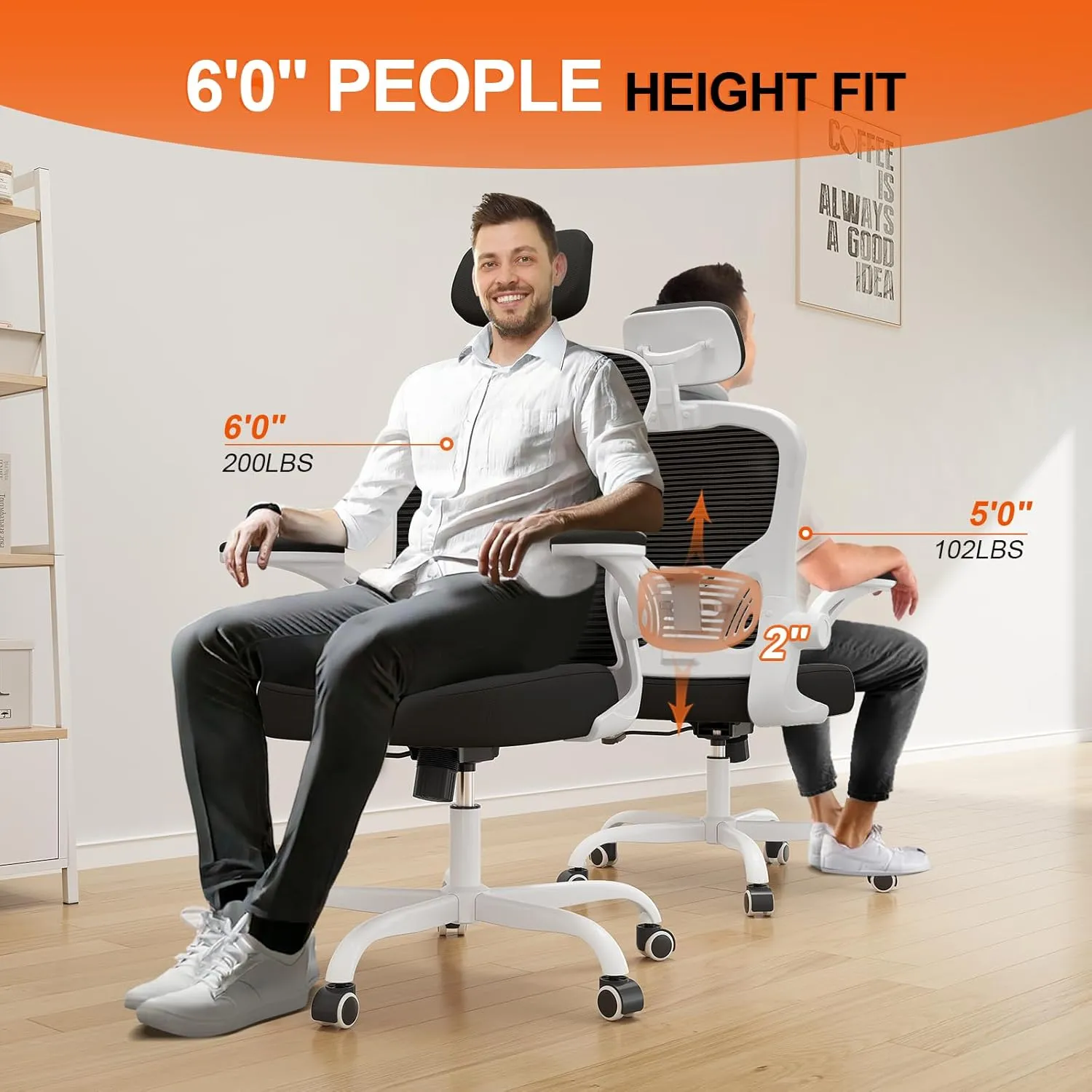 Office Chair Ergonomic Desk Chair, 330LBS Capacity, High Back Computer Chair for Long Hours Comfortable, Rolling Swivel Executive Task Chair for Home Office with Flip-up Armrests, White Black