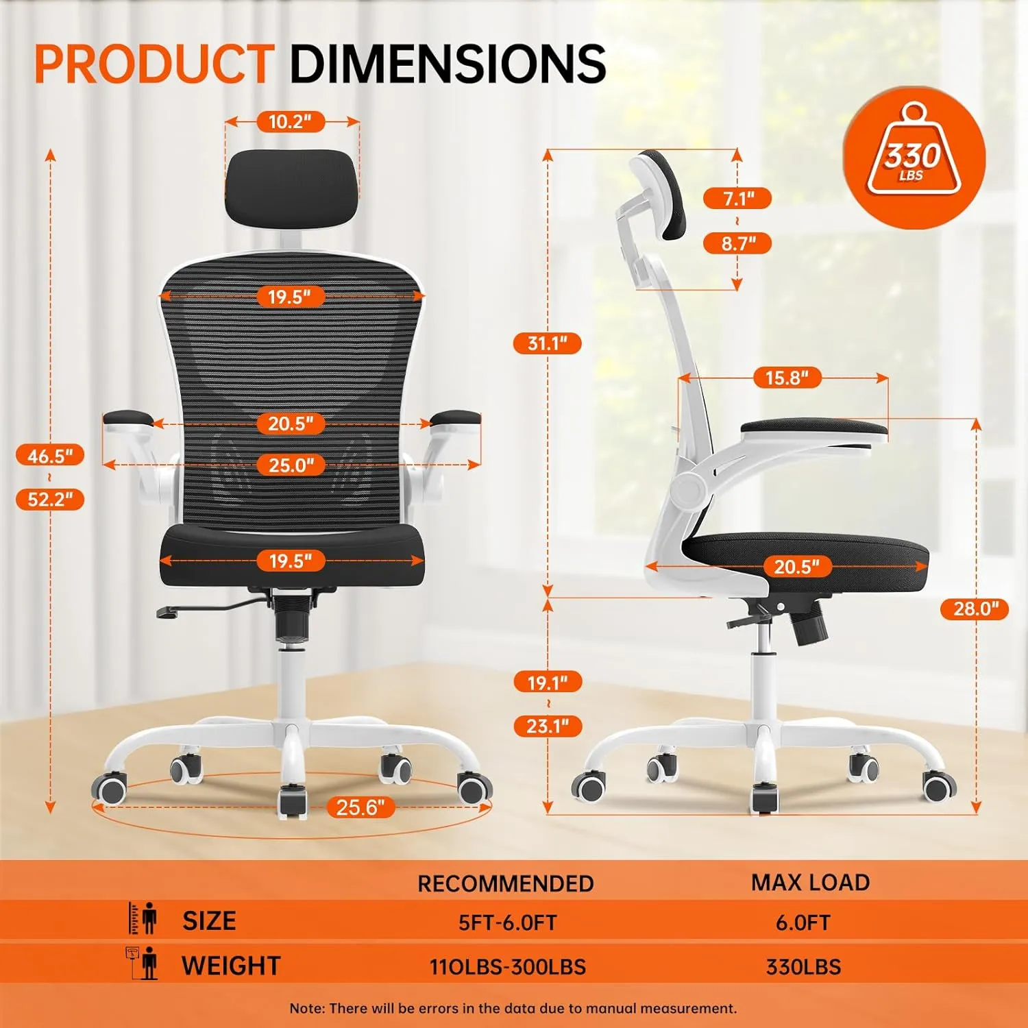 Office Chair Ergonomic Desk Chair, 330LBS Capacity, High Back Computer Chair for Long Hours Comfortable, Rolling Swivel Executive Task Chair for Home Office with Flip-up Armrests, White Black