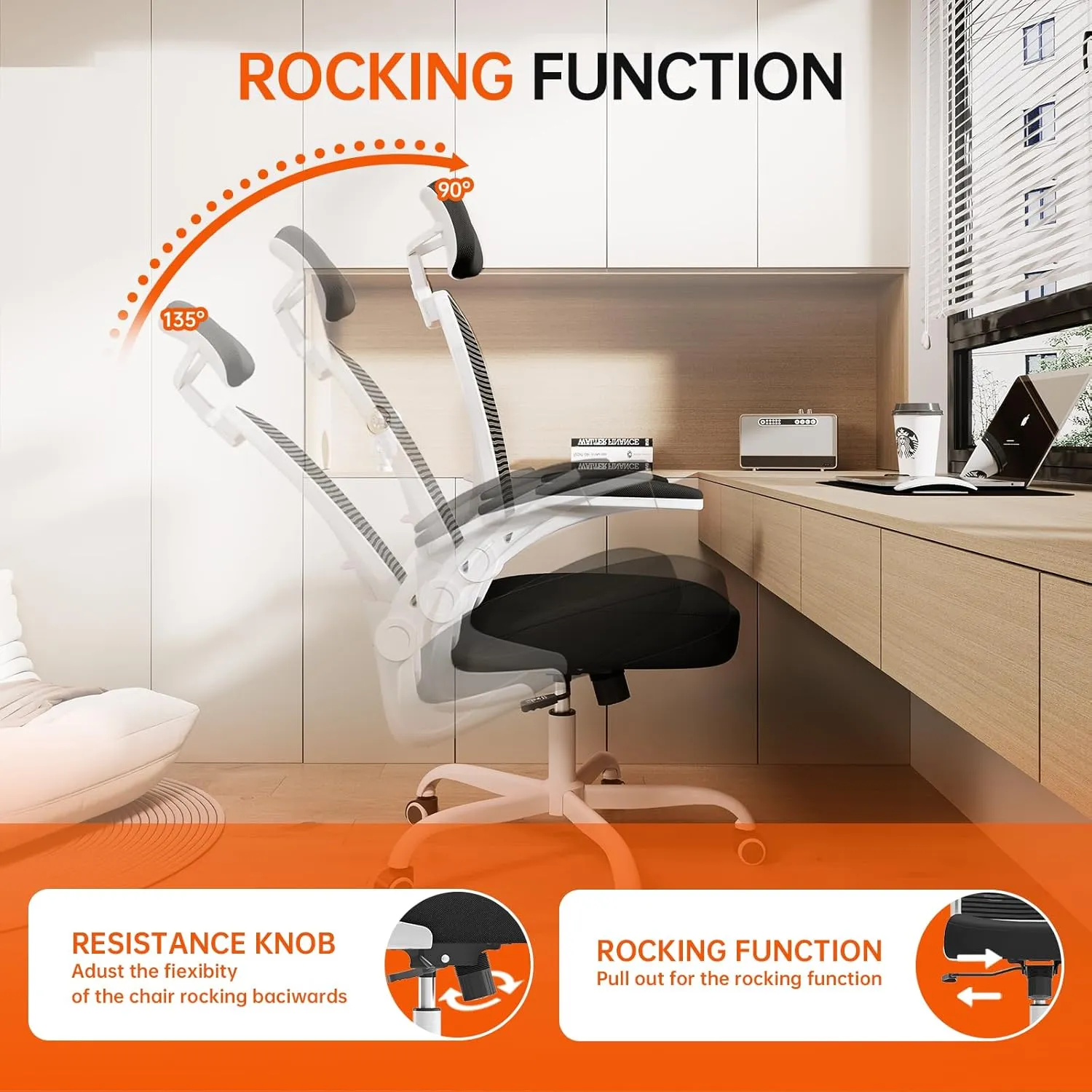 Office Chair Ergonomic Desk Chair, 330LBS Capacity, High Back Computer Chair for Long Hours Comfortable, Rolling Swivel Executive Task Chair for Home Office with Flip-up Armrests, White Black