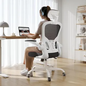 Office Chair Ergonomic Desk Chair, 330LBS Capacity, High Back Computer Chair for Long Hours Comfortable, Rolling Swivel Executive Task Chair for Home Office with Flip-up Armrests, White Black