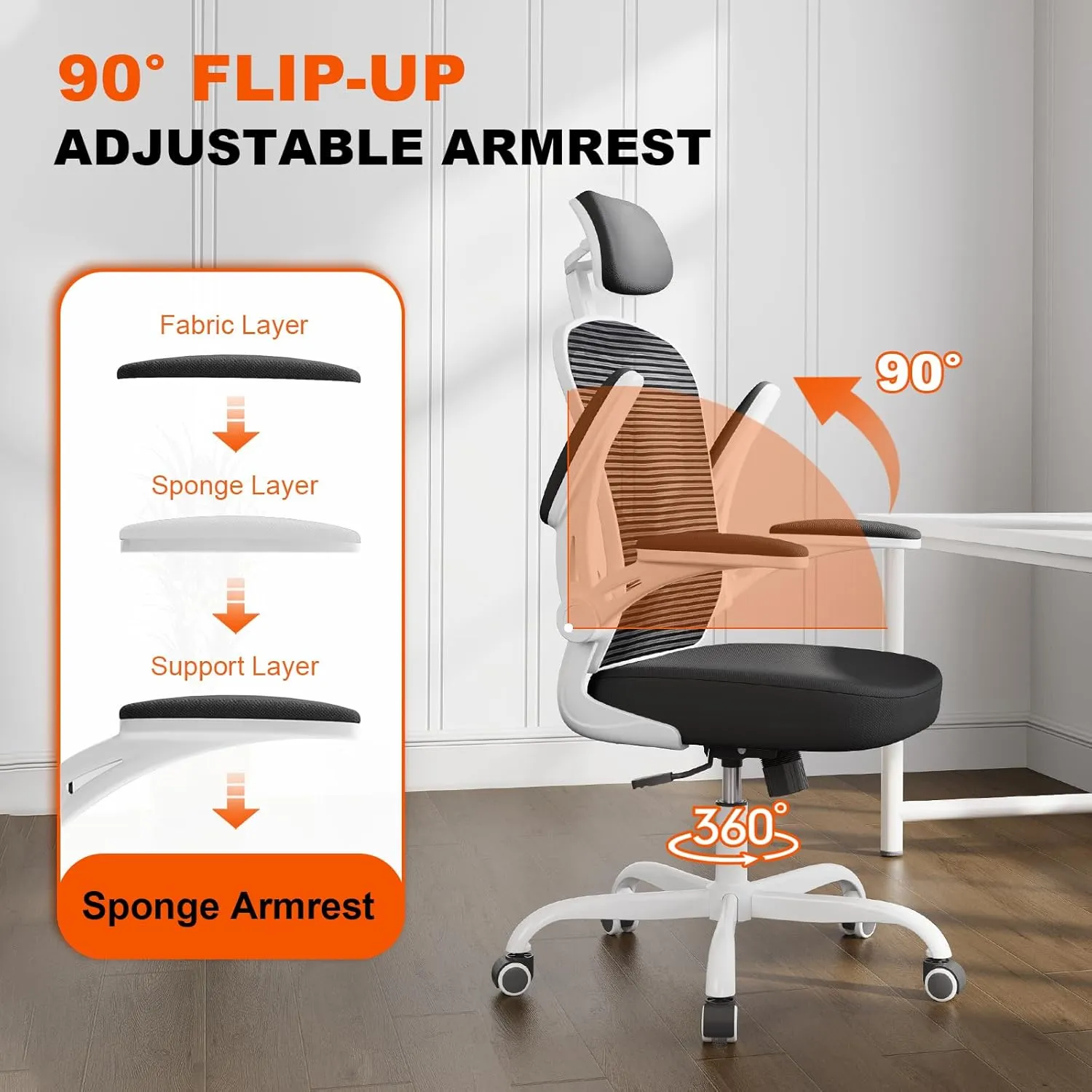 Office Chair Ergonomic Desk Chair, 330LBS Capacity, High Back Computer Chair for Long Hours Comfortable, Rolling Swivel Executive Task Chair for Home Office with Flip-up Armrests, White Black