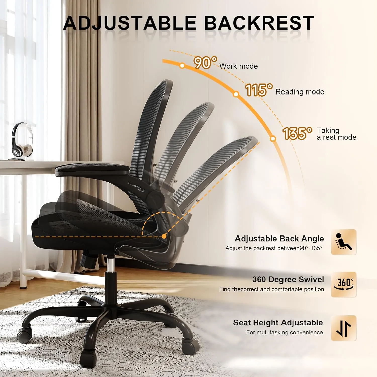 Office Chair, Ergonomic Desk Chairs 330LBS Capacity High Back Mesh Computer Chair with Flip-up Armrests, Comfy Work with Adjustable Lumbar Support, Rolling Swivel Executive Task Chair Black