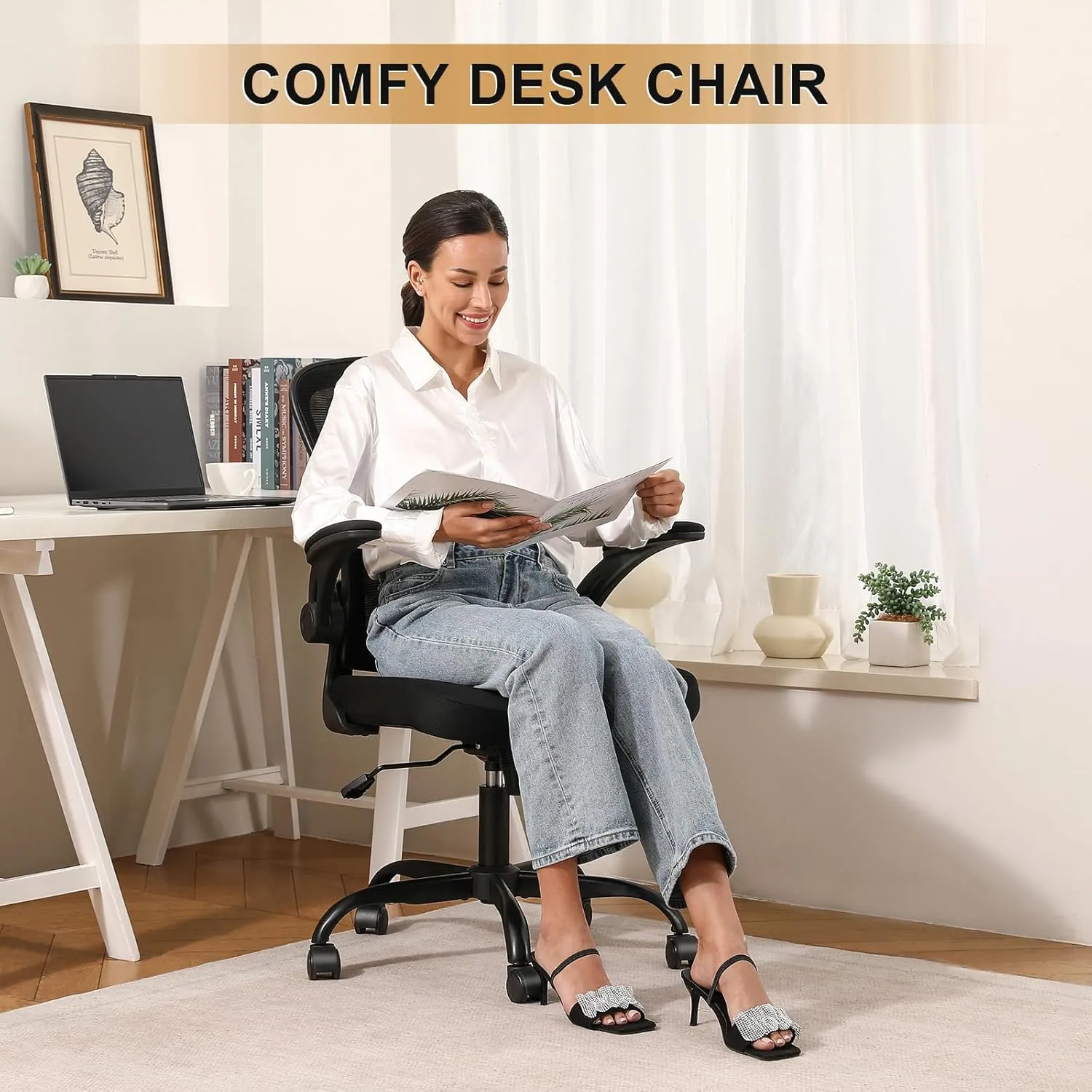 Office Chair, Ergonomic Desk Chairs 330LBS Capacity High Back Mesh Computer Chair with Flip-up Armrests, Comfy Work with Adjustable Lumbar Support, Rolling Swivel Executive Task Chair Black