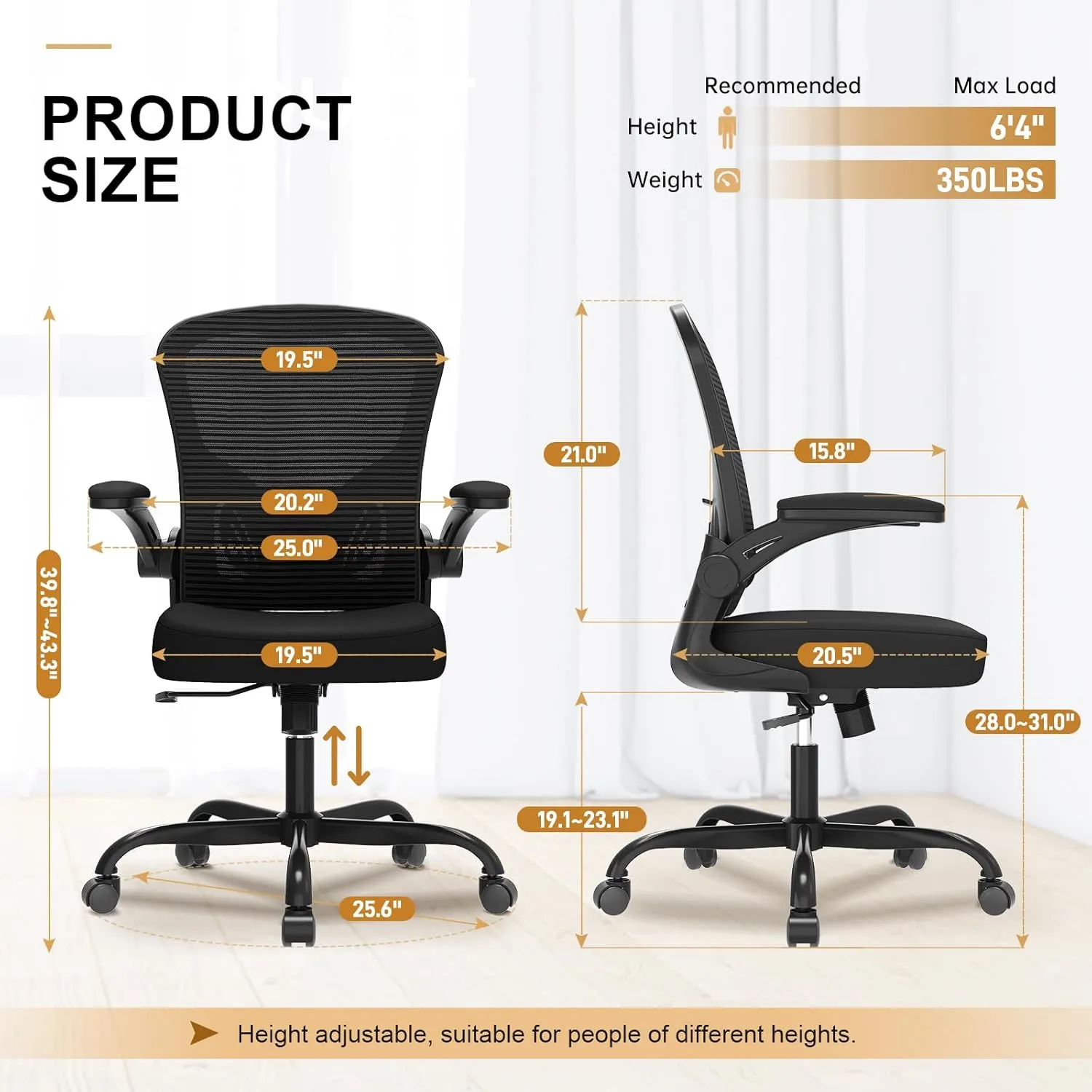 Office Chair, Ergonomic Desk Chairs 330LBS Capacity High Back Mesh Computer Chair with Flip-up Armrests, Comfy Work with Adjustable Lumbar Support, Rolling Swivel Executive Task Chair Black
