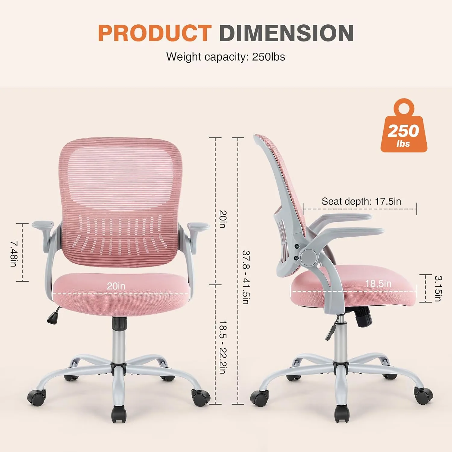 Office Computer Desk Chair, Ergonomic Mid-Back Mesh Rolling Work Swivel Task Chairs with Wheels, Comfortable Lumbar Support, Comfy Flip-up Arms for Home, Bedroom, Study, Student