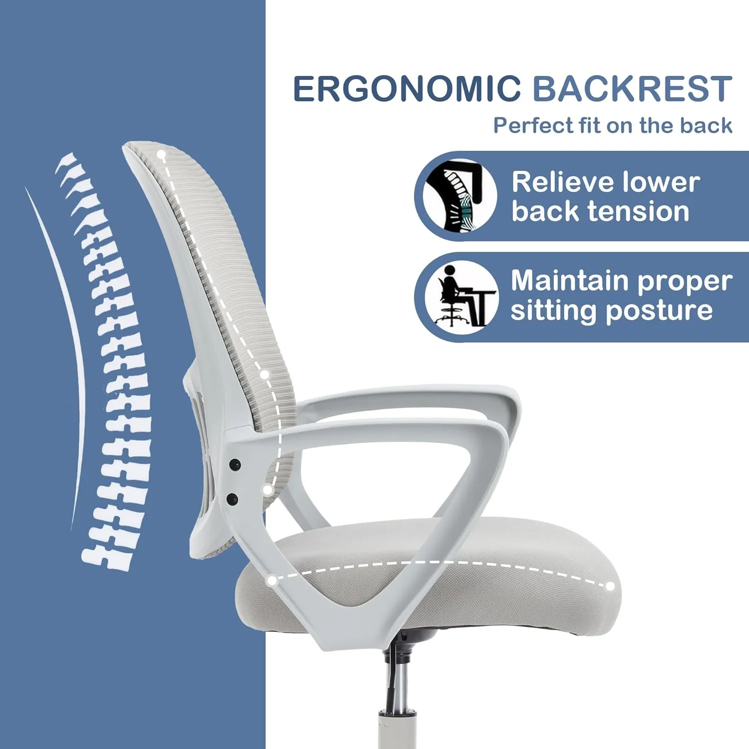 Office Ergonomic Desk Chair, Mesh Comfy Computer Work Chair with Armrests and Adjustable Lumbar Support, Rolling Swivel Executive Task Chair for Home Office, Adults and Teens (Gray)