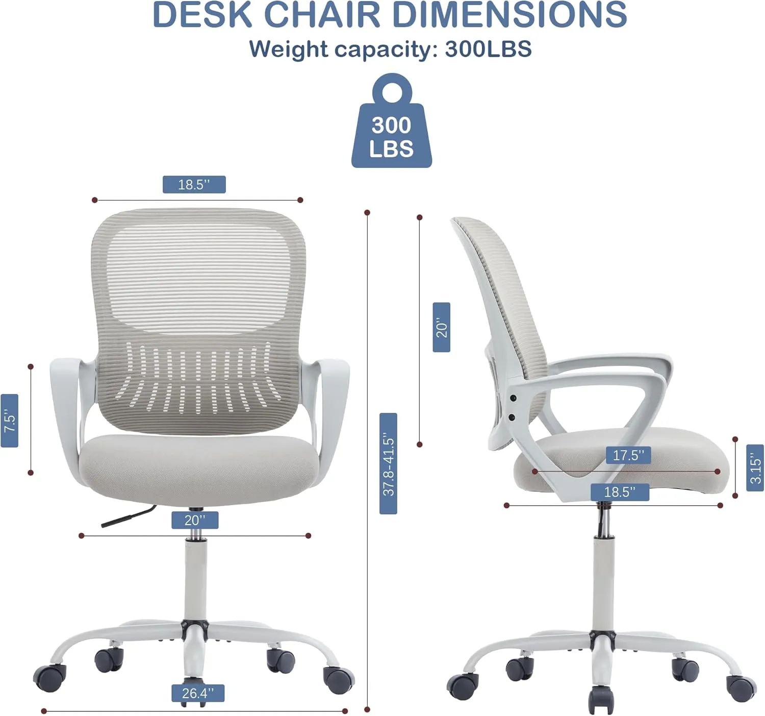 Office Ergonomic Desk Chair, Mesh Comfy Computer Work Chair with Armrests and Adjustable Lumbar Support, Rolling Swivel Executive Task Chair for Home Office, Adults and Teens (Gray)