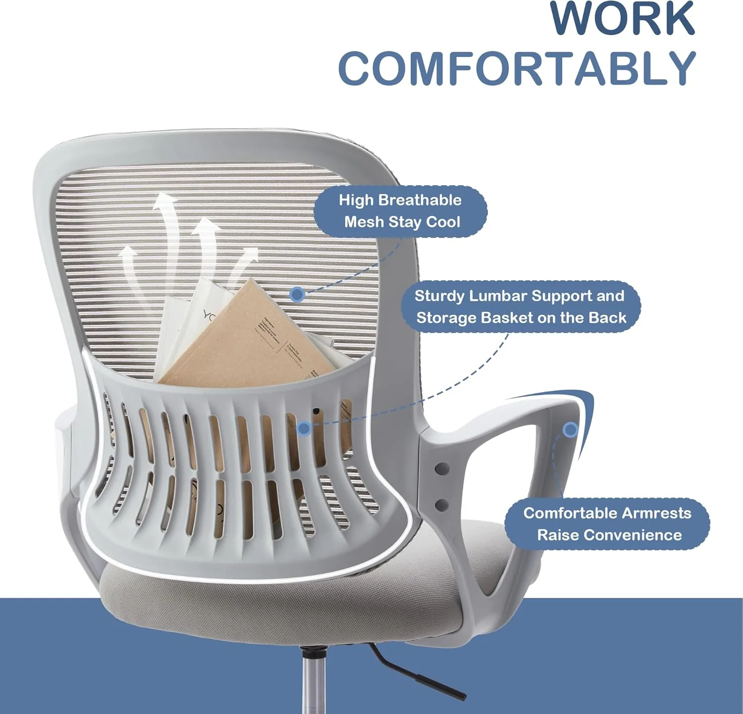 Office Ergonomic Desk Chair, Mesh Comfy Computer Work Chair with Armrests and Adjustable Lumbar Support, Rolling Swivel Executive Task Chair for Home Office, Adults and Teens (Gray)
