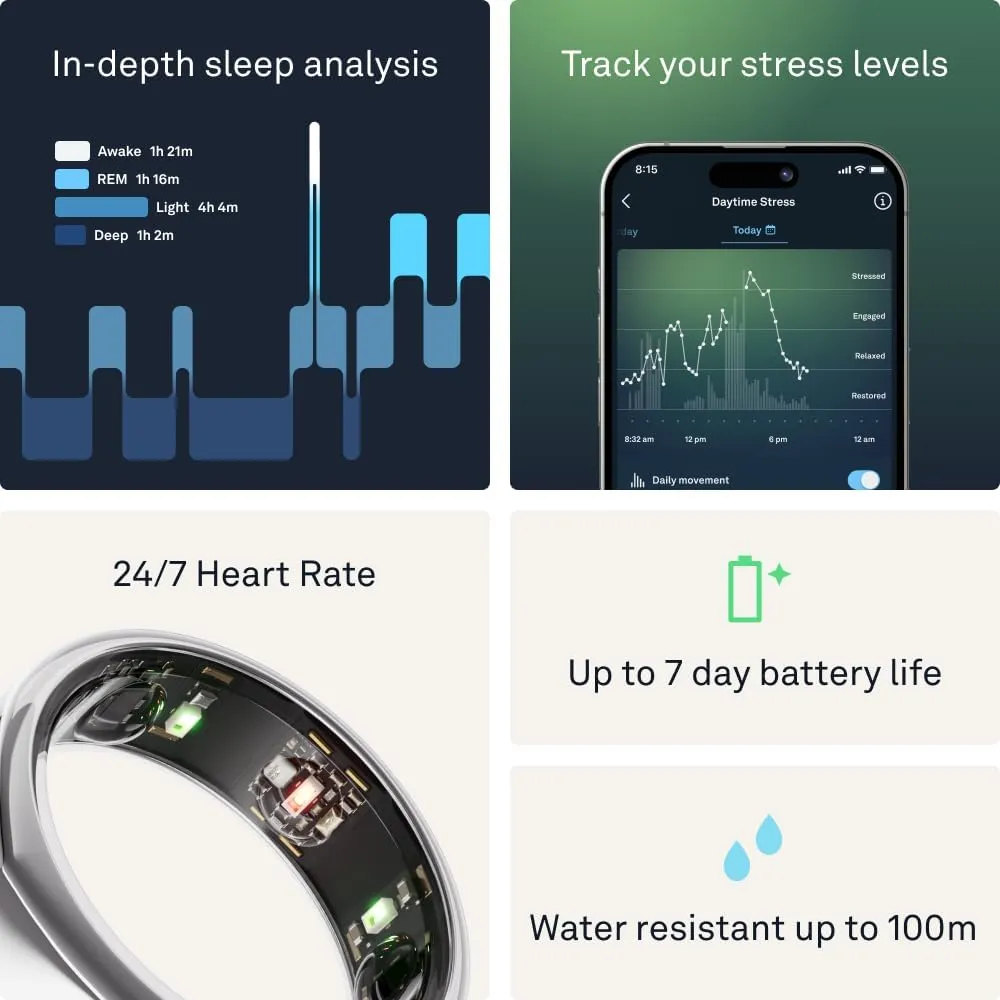 Oura Ring Gen3 Heritage - Silver - Size 8 - Smart Ring - Size First with Oura Ring Gen3 Sizing Kit - Sleep Tracking Wearable - Heart Rate - Fitness Tracker - 5-7 Days Battery Life
