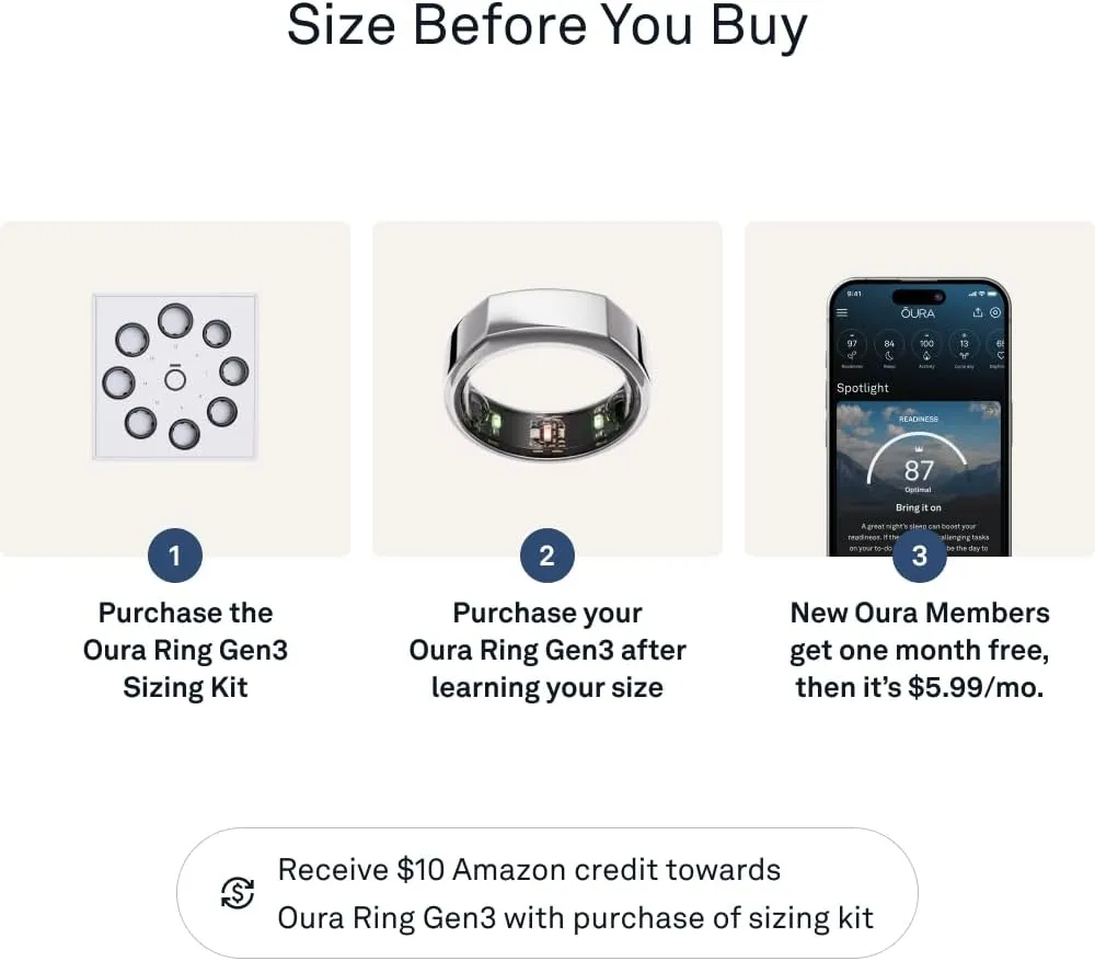 Oura Ring Gen3 Heritage - Silver - Size 8 - Smart Ring - Size First with Oura Ring Gen3 Sizing Kit - Sleep Tracking Wearable - Heart Rate - Fitness Tracker - 5-7 Days Battery Life