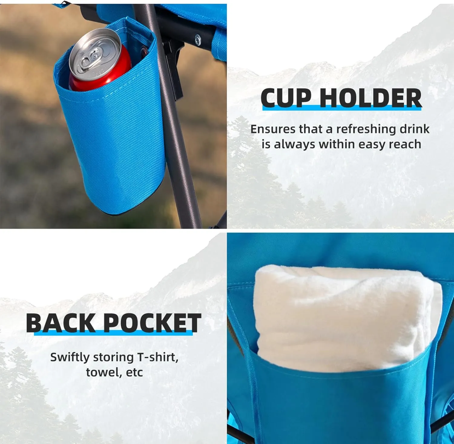 Outdoor Beach Chair for Adults Set of 2 PCS Portable Lightweight Low Back Sling Chair with Cup Holder, 300lbs Capacity Camping Chair for Patio, Lawn, Concert, Travel (Light Blue)