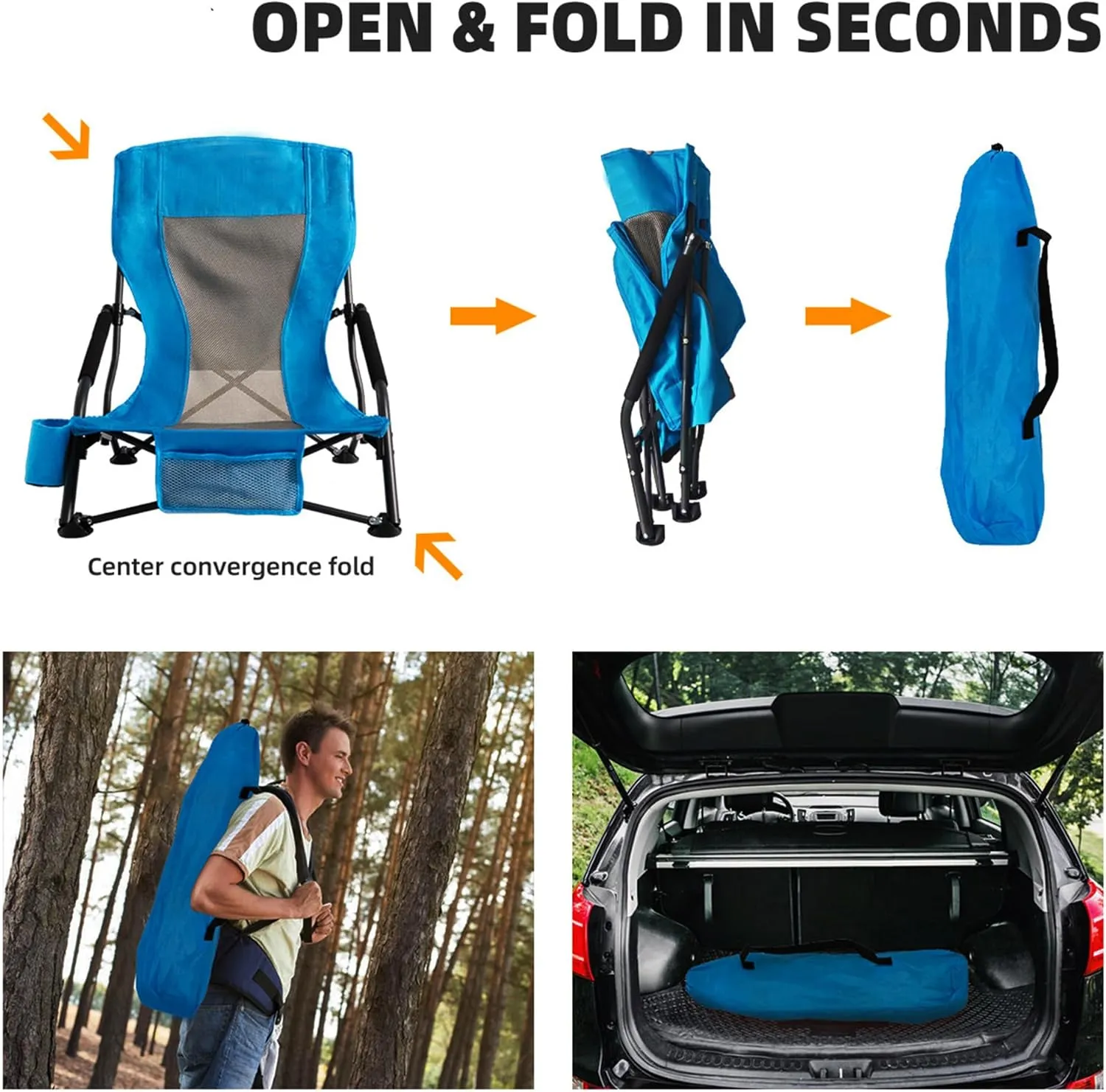 Outdoor Beach Chair for Adults Set of 2 PCS Portable Lightweight Low Back Sling Chair with Cup Holder, 300lbs Capacity Camping Chair for Patio, Lawn, Concert, Travel (Light Blue)