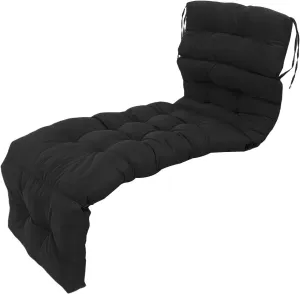 Outdoor Chaise Lounge Cushion, Polyester Fabric, Soft PP Cotton Fill, Ties Keep Secure, Tufted Design, Breathable, for Patio, Deck, Lawn, Poolside (Black)
