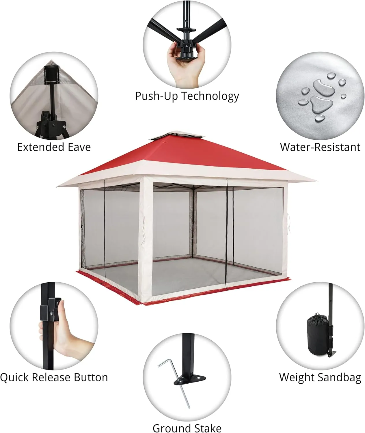 OUTDOOR LIVING SUNTIME 13x13 Instant Pop Up Gazebo Canopy Tent Shelter with Zippered Mesh Mosquito Netting, Wheeled Roller Carry Bag, Bonus Weight Sandbags, Stakes, Ropes - Red