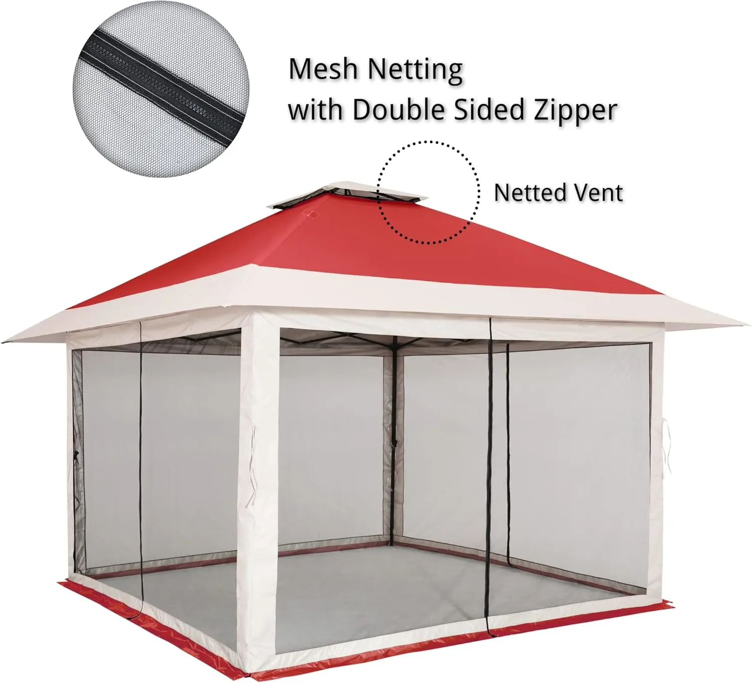 OUTDOOR LIVING SUNTIME 13x13 Instant Pop Up Gazebo Canopy Tent Shelter with Zippered Mesh Mosquito Netting, Wheeled Roller Carry Bag, Bonus Weight Sandbags, Stakes, Ropes - Red