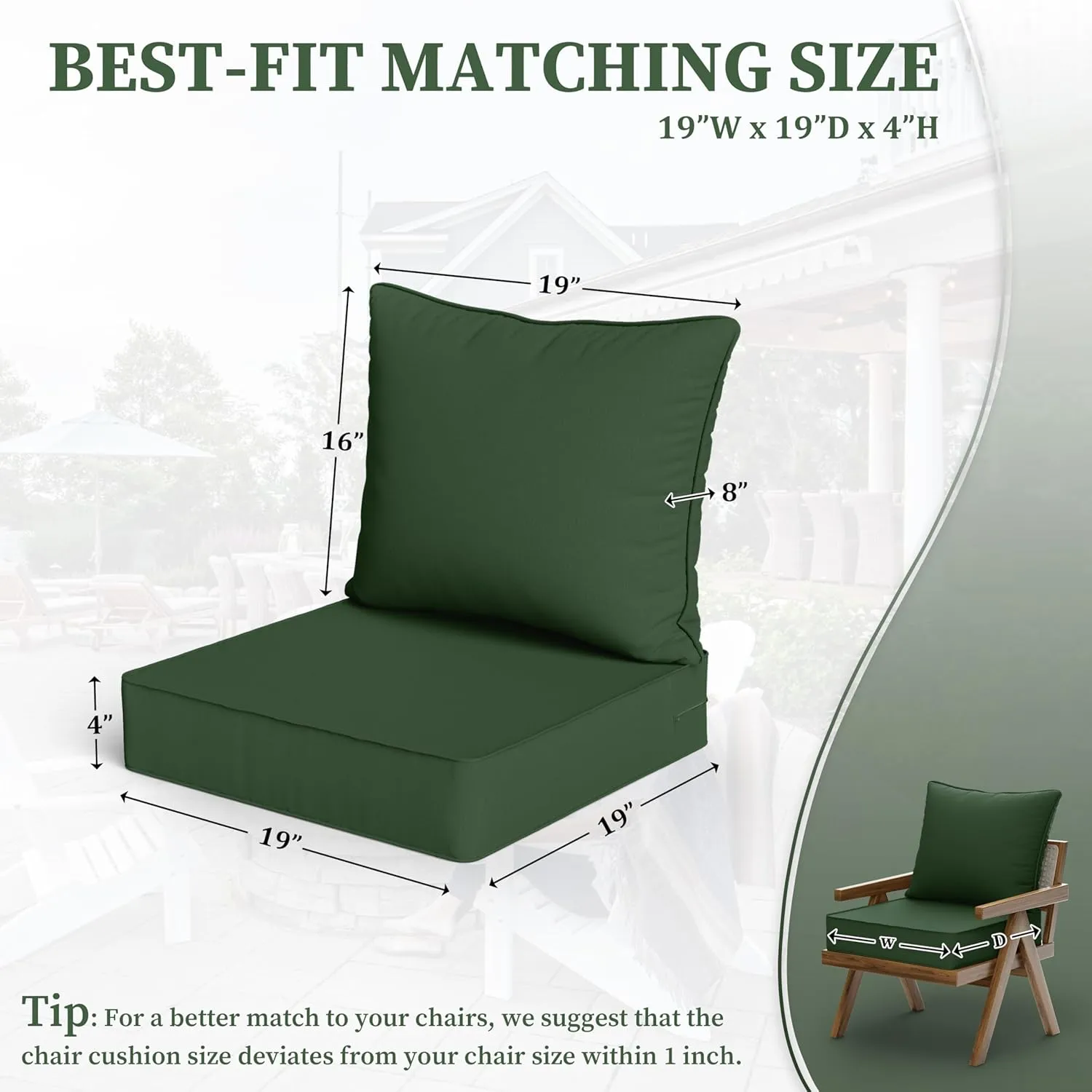 Outdoor Seat Cushion Set 19 L X 19 W X 4 H Inch Waterproof & Fade Resistant Patio Furniture Cushions with Removable Cover with Non-Slip Pads and Straps for Sofa Chairs, Chairs