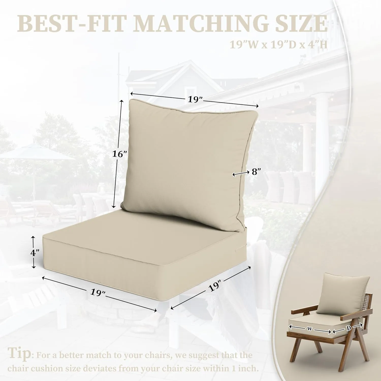 Outdoor Seat Cushion Set 19 L X 19 W X 4 H Inch Waterproof & Fade Resistant Patio Furniture Cushions with Removable Cover with Non-Slip Pads and Straps for Sofa Chairs, Chairs