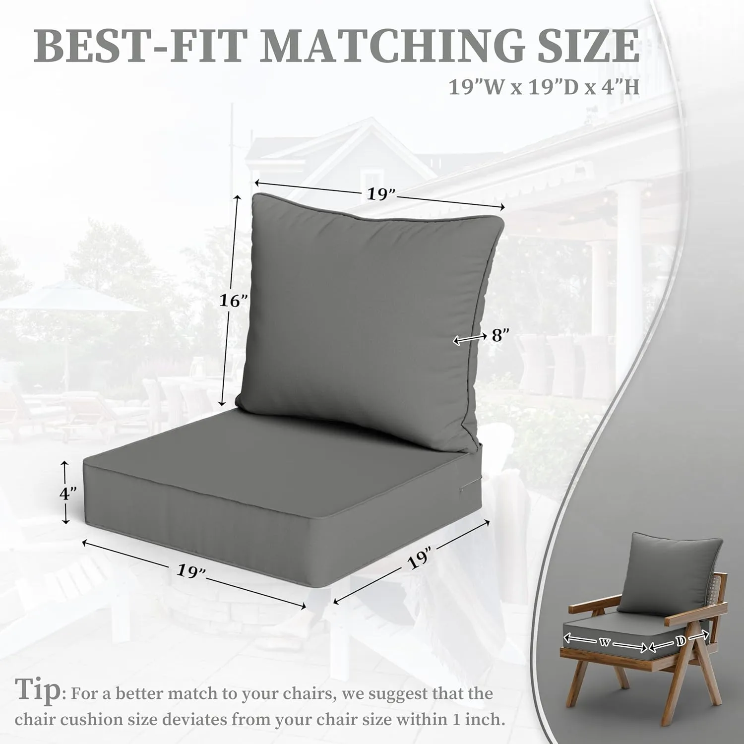Outdoor Seat Cushion Set 19 L X 19 W X 4 H Inch Waterproof & Fade Resistant Patio Furniture Cushions with Removable Cover with Non-Slip Pads and Straps for Sofa Chairs, Chairs