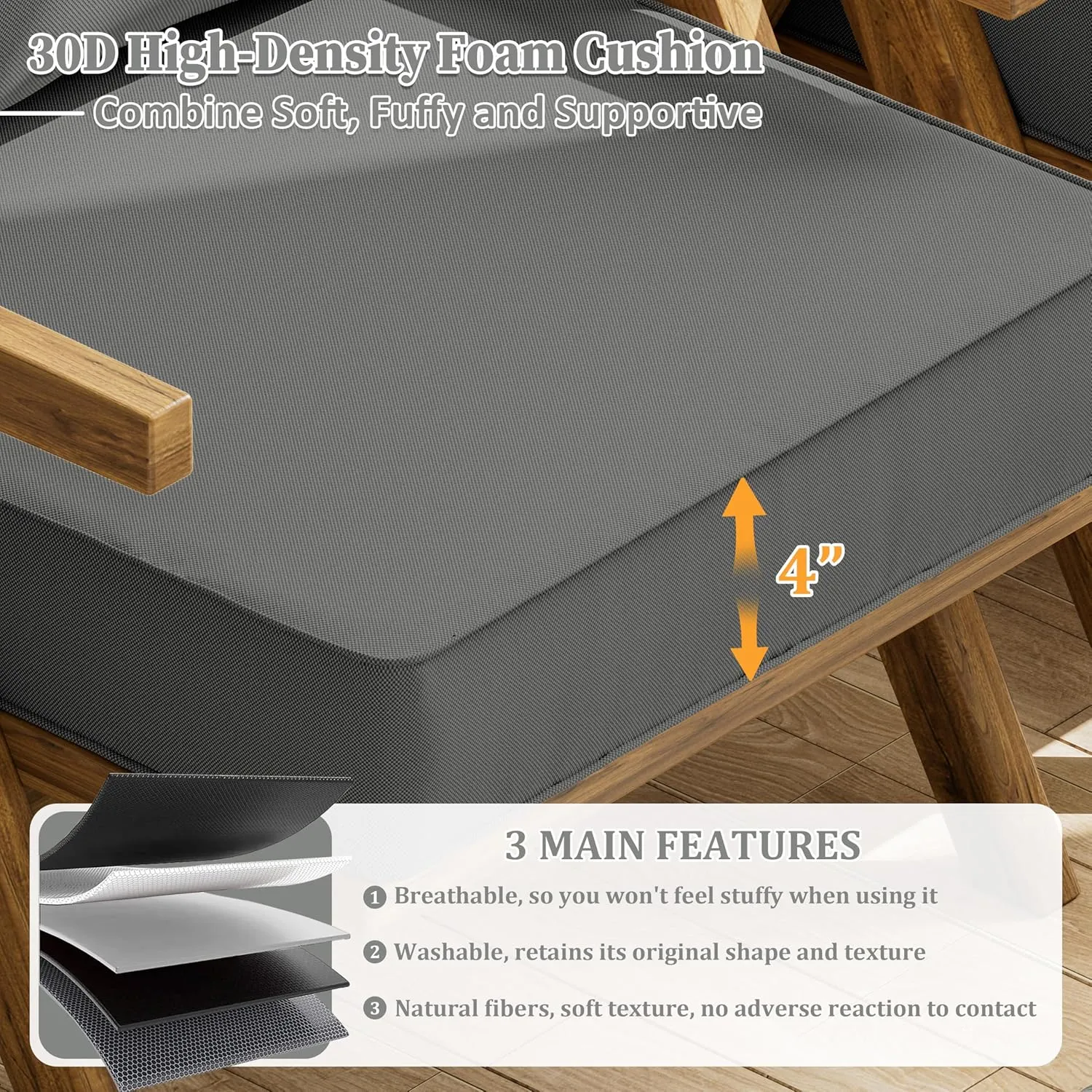 Outdoor Seat Cushion Set 19 L X 19 W X 4 H Inch Waterproof & Fade Resistant Patio Furniture Cushions with Removable Cover with Non-Slip Pads and Straps for Sofa Chairs, Chairs