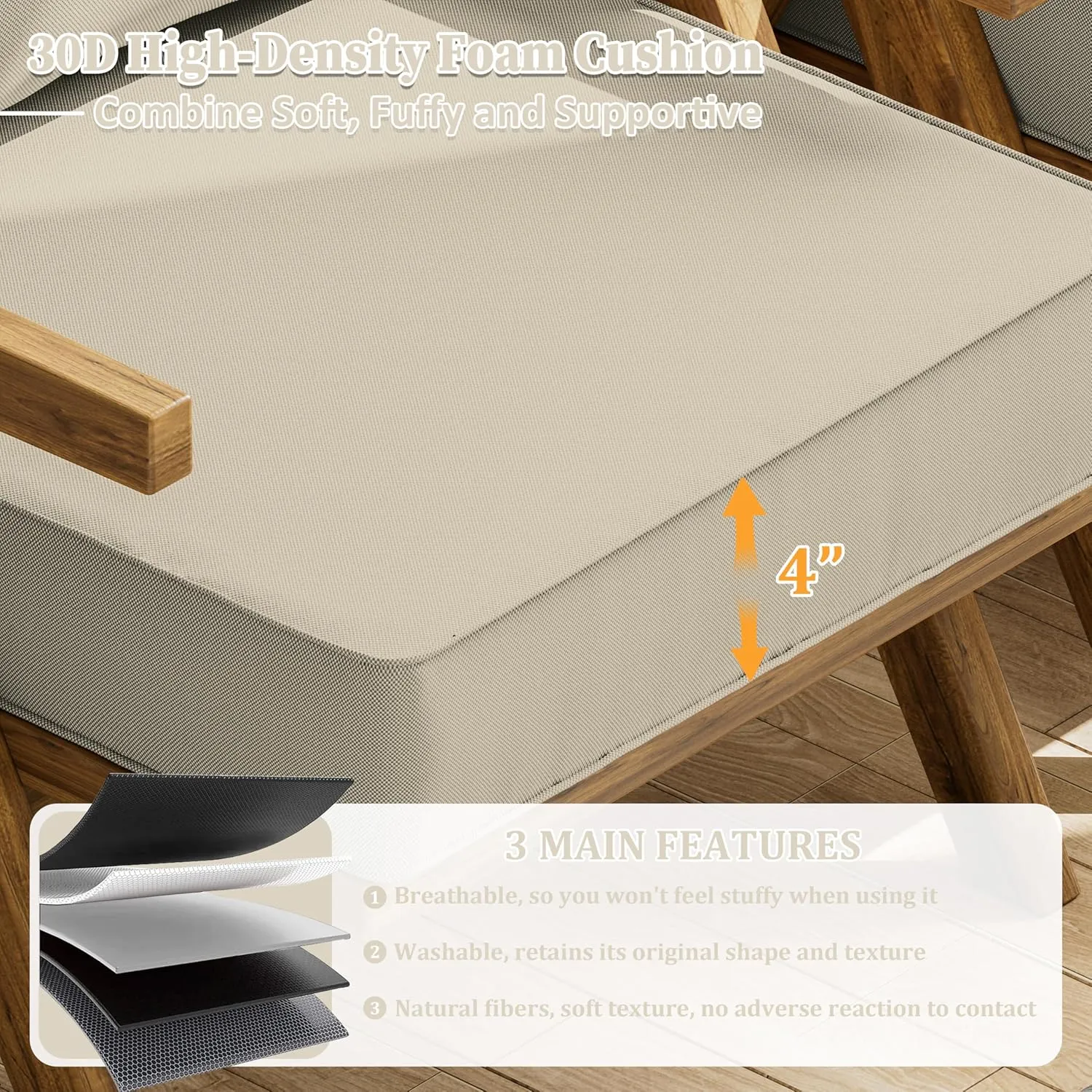 Outdoor Seat Cushion Set 19 L X 19 W X 4 H Inch Waterproof & Fade Resistant Patio Furniture Cushions with Removable Cover with Non-Slip Pads and Straps for Sofa Chairs, Chairs