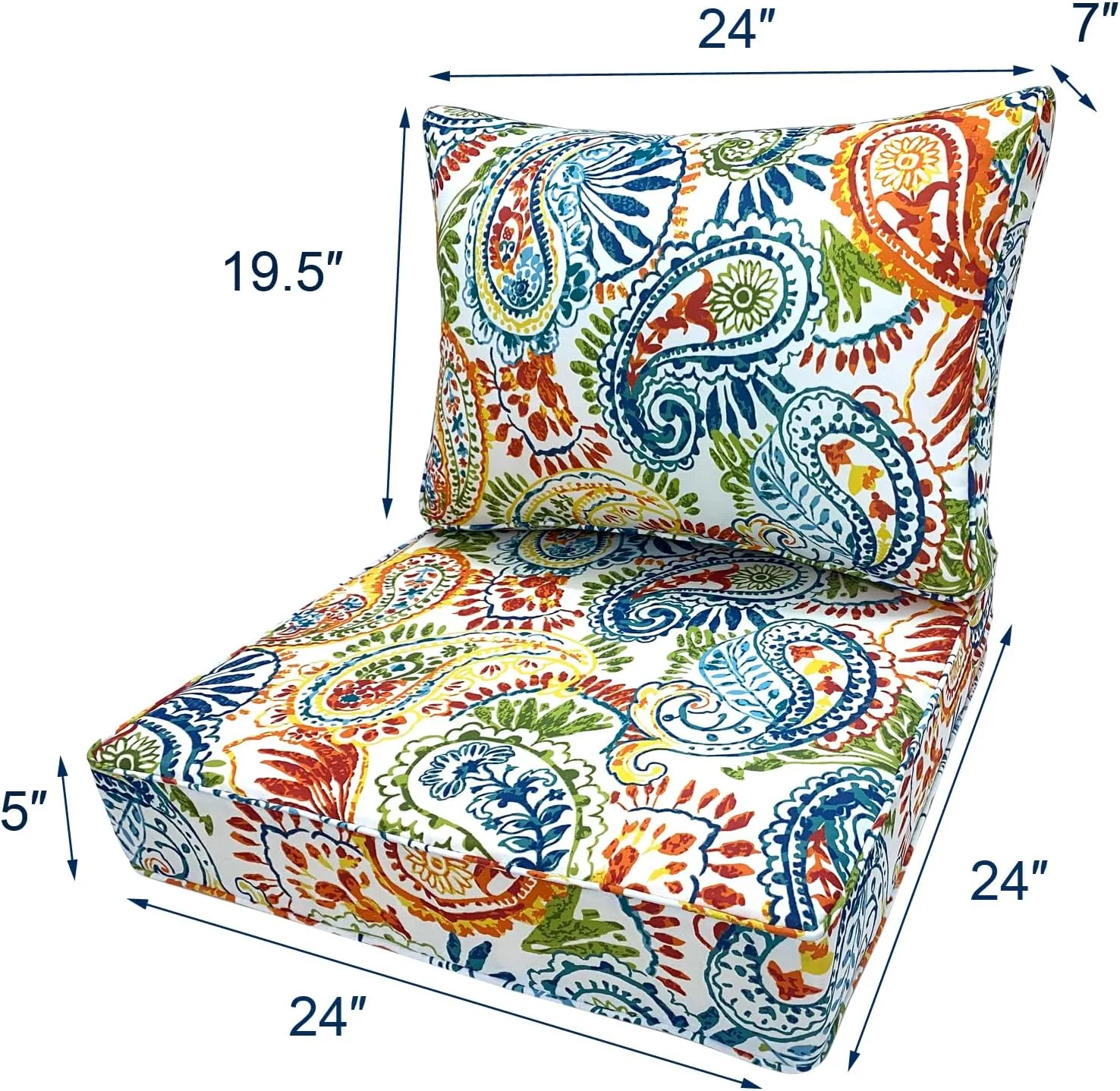 Outdoor Seat/Back Deep Chair Cushion Set for Patio Furniture - Lounge Chair Cushions with Zipper - Water-Resistant Patio Chair Cushions 24x24