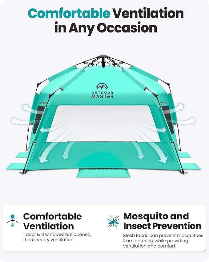 OutdoorMaster Beach Tent with Blackout Shelter Technology, Portable Beach Shade Sun Shelter Canopy for 4-6 Person with UPF 50  UV Protection, Easy Setup Pop Up Tent Family Size