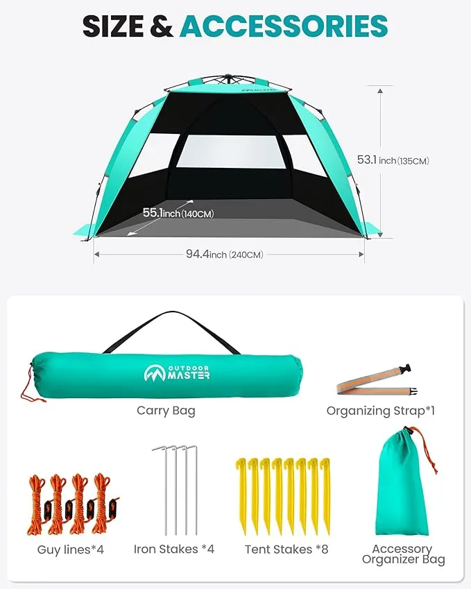 OutdoorMaster Beach Tent with Blackout Shelter Technology, Portable Beach Shade Sun Shelter Canopy for 4-6 Person with UPF 50  UV Protection, Easy Setup Pop Up Tent Family Size
